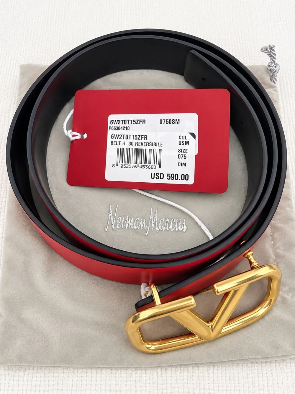 Valentino Garavani VLogo Signature Reversible Belt 30mm Black/Red Size 75 NWT